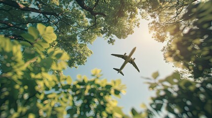 Jet airliner flying over vibrant green trees
