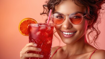 Happy woman with sunglass holding a drink - obrazy, fototapety, plakaty