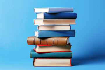 books on a blue plain background. Knowledge day, back to school