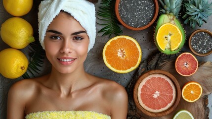 Woman surrounded by citrus fruits