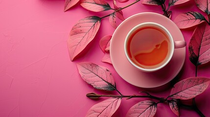 Pink cup of tea with colorful leaves background
