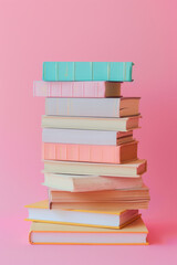 A stack of books on a pink plain background. Knowledge day, back to school