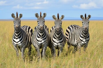 Naklejka premium Herbivorous African savannah low groups zebras. Herd of striped white and black herbivore animal. Generate ai