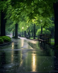 Rainy day in the city park. Trees, benches and lanterns