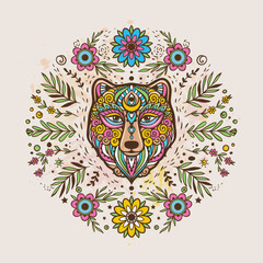 Bear mandala retro. Vector illustration. Flower Ethnic drawing. Bear animal nature in Zen boho style. Coloring page, hippie style - 775812926