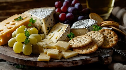 Gourmet Cheese Selection with Fresh Grapes and Tasty Crackers on a Rustic Board - obrazy, fototapety, plakaty
