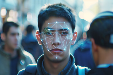 Portrait of a person in a crowd being scanned by biometric ai facial recognition software