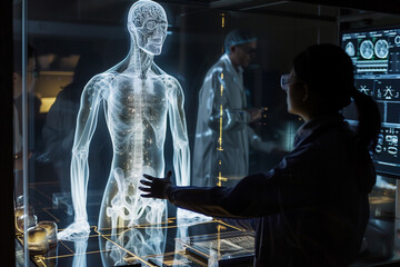 medical scientist is using a holographic projection of a human anatomy body model, future of healthcare 