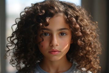 Fototapeta premium Captivating young girl with deep eyes and lush curly hair indoors.