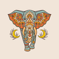 Elephant moon retro. Vector illustration. Flower Ethnic drawing. Elephante animal nature in Zen boho style. Coloring hippie, eastern style - 775813391