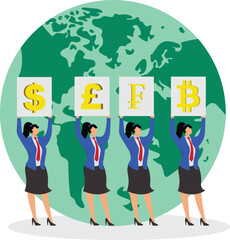 Global business financial currency, global economic stimulus and rise, a group of businesswomen stand in a row holding cardboards with currency symbols.