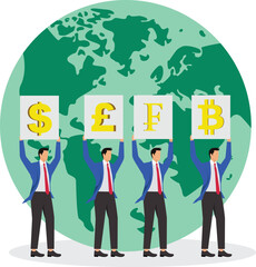 Global business financial currency, global economic stimulus and rise, a group of businessmen stand in a row holding cardboards with currency symbols.