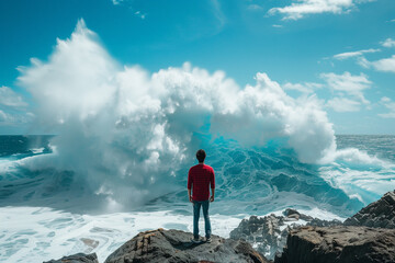 A man standing on the beach and watches as a huge wave covers him. Tsunami Big waves. Stormy ocean wave