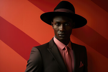 Dapper man in a suit with a stylish hat against a bold red striped wall, exuding elegance.