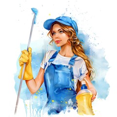 Portrait of cleaning service worker with professional cleaning kit on white background. Watercolor illustration generated with AI 