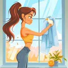 Woman cleans a room, cleaning service worker portrait . Logotype or banner design. Cartoon illustration generated with AI