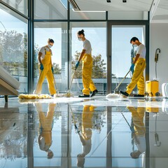 Cleaning company employees clean modern appartment with panoramic windows , photo generated with AI 