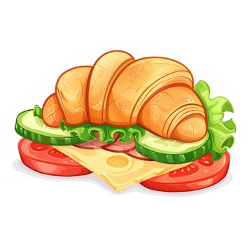 Croissant with ham,latuce , tomato and cucumber on white background,cartoon illustration generated with AI