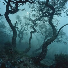 A spooky and atmospheric image of twisted trees silhouetted against a misty backdrop with a glowing crescent moon
