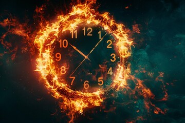 A clock face ablaze with digital fire symbolizing urgency - obrazy, fototapety, plakaty