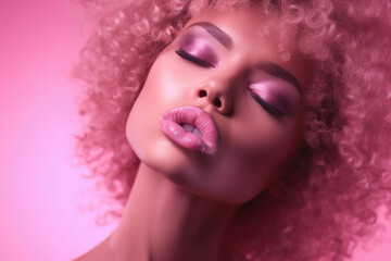 Obraz premium Dreamy portrait with pink tones, closed eyes, and lush curly hair.