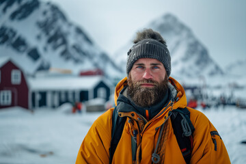 Close-up portrait of a polar explorer on snow land