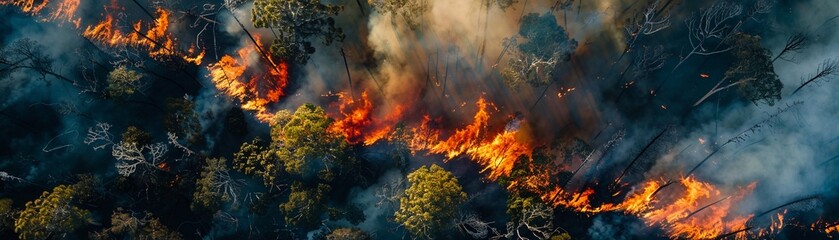A devastating forest wildfire captured from an aerial perspective