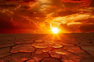 A fiery sunset over a parched landscape metaphor for the suns intensifying effect on Earths climate - obrazy, fototapety, plakaty