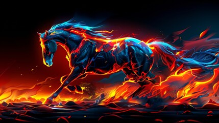 A horse running through a field of fire. A magical creature made of fire on black background.