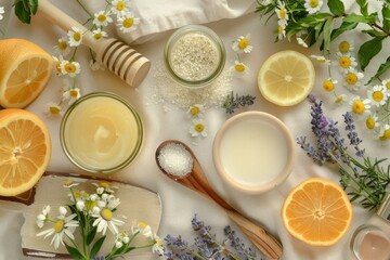 Fototapeta na wymiar Flat lay of organic skincare products with herbs, flowers, and citrus on a fabric background