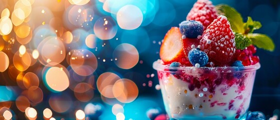 A vibrant and colorful frozen dessert topped with fresh fruits - obrazy, fototapety, plakaty