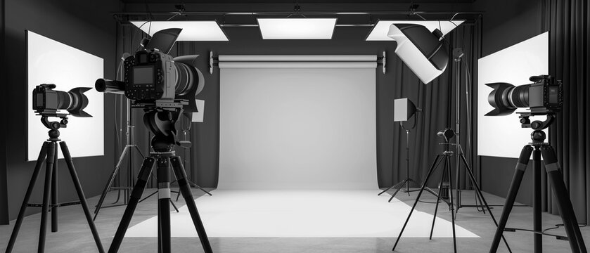 Black and white photo of a professional photography studio with cameras lights