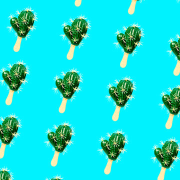 Cactus popsicles pattern on turquoise background