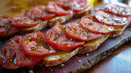 Sliced tomatoes and salami on open-faced sandwich. - obrazy, fototapety, plakaty