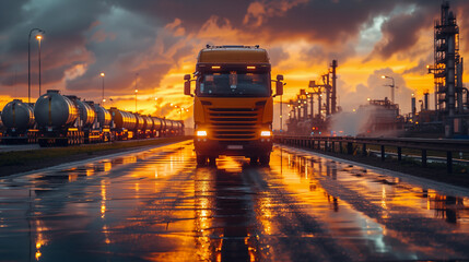 Truck on the background of oil refinery at sunset. Transportation of petroleum products.