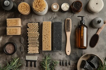 Fototapeta na wymiar Neatly organized grooming tools and products on a textured background, showcasing personal care items