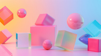 Pastel colored geometric shapes on gradient background.