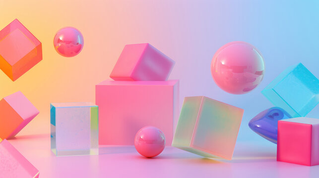 Pastel colored geometric shapes on gradient background.