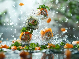 An action shot of a sushi roll surrounded by a splash of soy sauce and ingredients flying