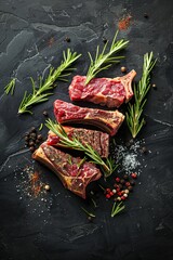 Aged beef steak on the bone with rosemary and spices. place for text. view from above. generative ai