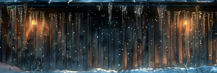  Icicles Hanging Down from Wooden Porch,
Ice icicles hanging from the eaves of the roof of the porch of the Church