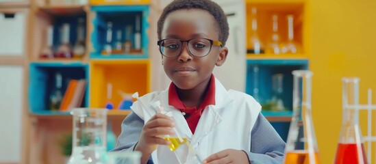 Scientist boy in lab coat holding flask and looking at camera