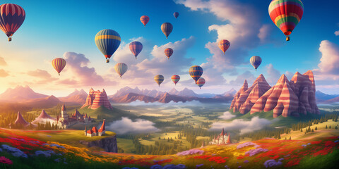 A patchwork of colorful hot air balloons soaring high above a picturesque countryside. - obrazy, fototapety, plakaty