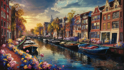 Tranquil Waters Capturing the Charm of Canal-side Architecture and Serene Sunsets in a Vibrant Painting - obrazy, fototapety, plakaty