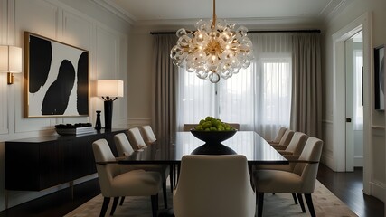A chic dining room featuring a sleek glass table, modern chairs, and a statement chandelier casting a warm glow over the space