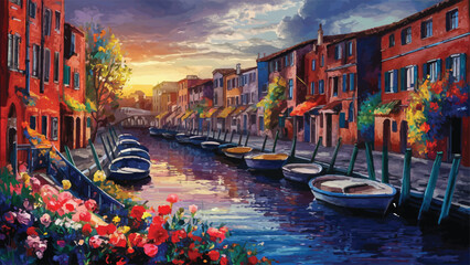 Tranquil Waters Capturing the Charm of Canal-side Architecture and Serene Sunsets in a Vibrant Painting - obrazy, fototapety, plakaty