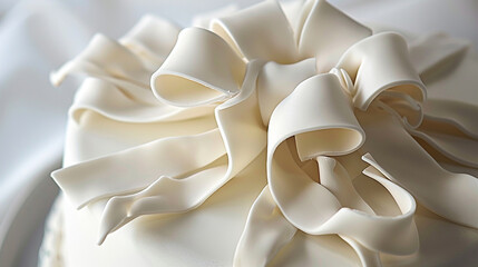 Elegant fondant ribbons delicately encircling a pristine white birthday cake masterpiece. - obrazy, fototapety, plakaty