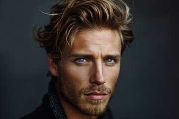Obraz premium Handsome man with striking features and tousled blond hair, exuding strength and casual elegance