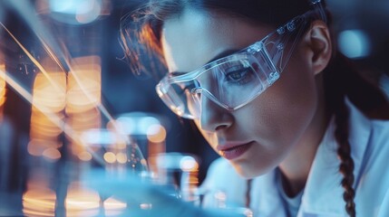 Focused female scientist conducting research with a microscope in a laboratory setting.