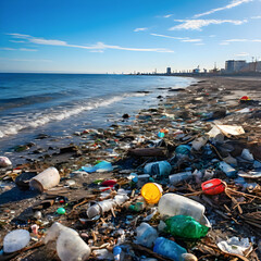 There are large piles of various garbage lying on the ocean shore